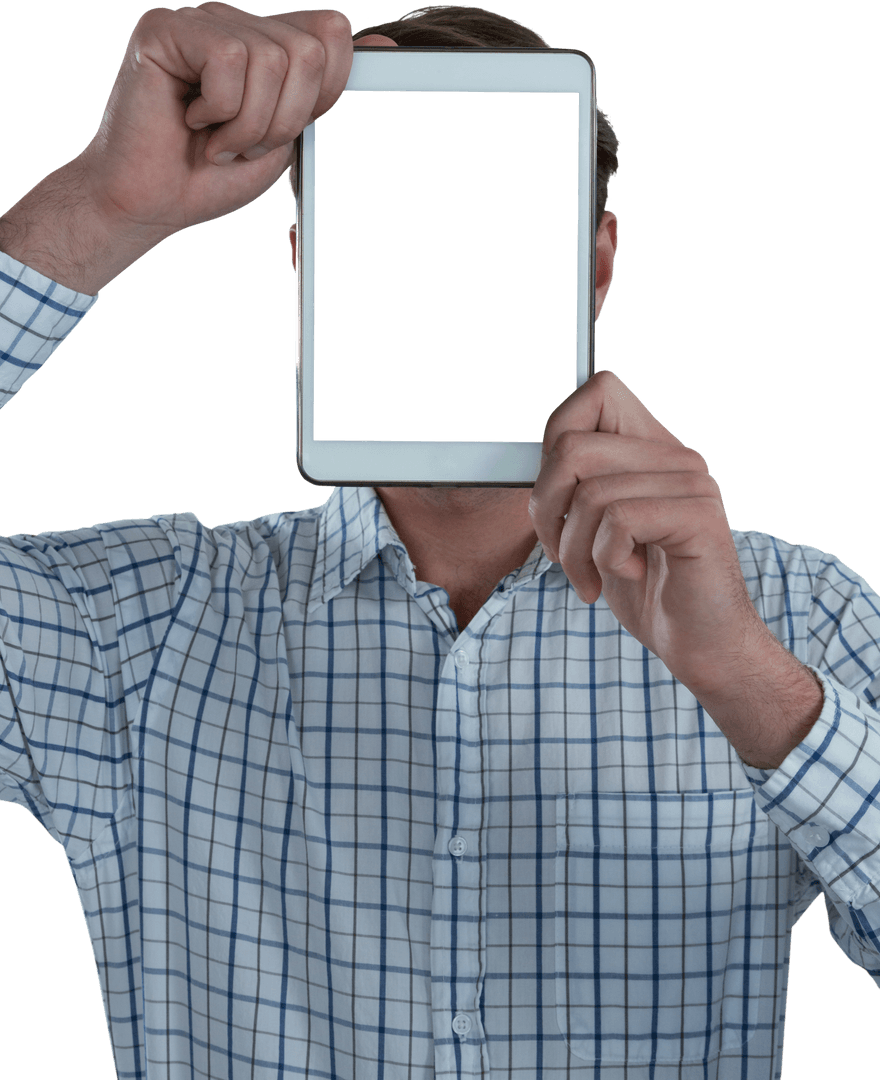 Transparent Businessman Holding Digital Tablet in Front of Face