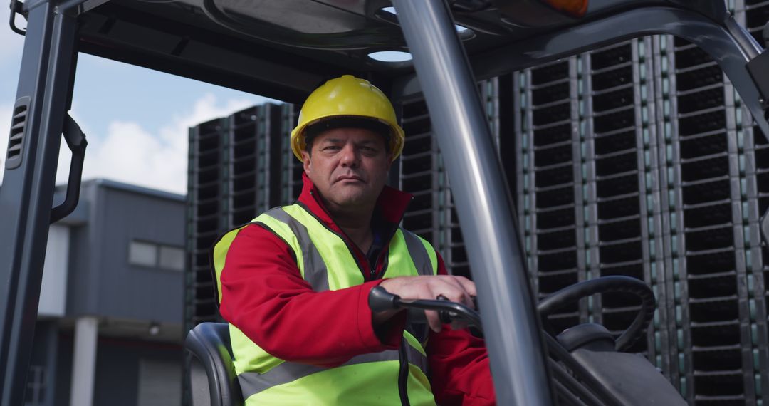 Forklift Operator in Hard Hat and Safety Vest at Warehouse - Free Images, Stock Photos and Pictures on Pikwizard.com