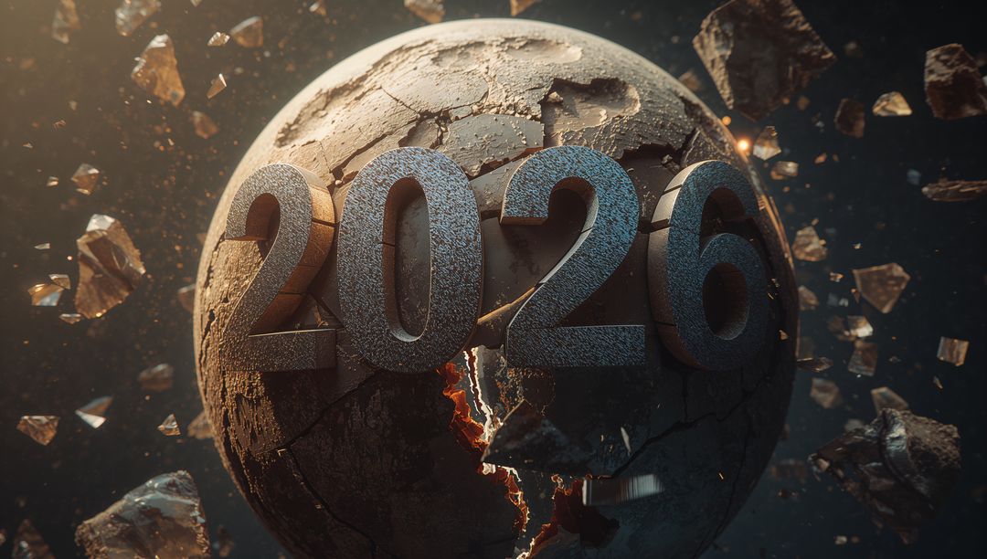 2026 metallic numerals on cracked magma planet rotating in space cinematic concept