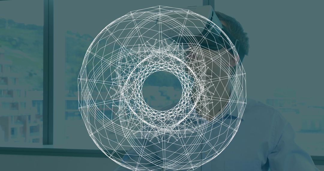 Man in VR Headset Experiencing Futuristic Network Technology