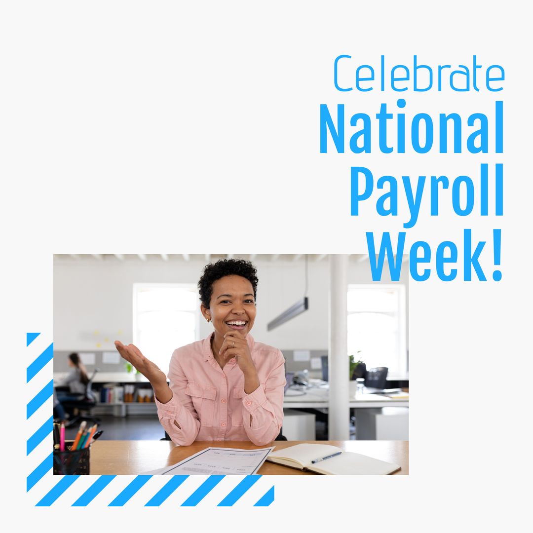 Smiling Employee Celebrating National Payroll Week at Office Desk