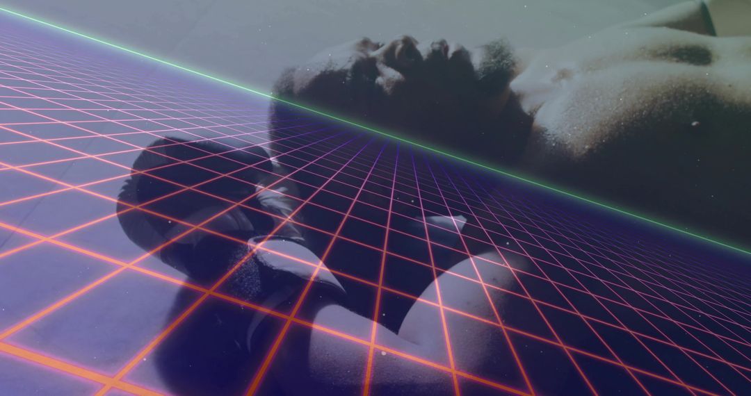 Futuristic Model Lying on Cyber Neon Grid with Laser