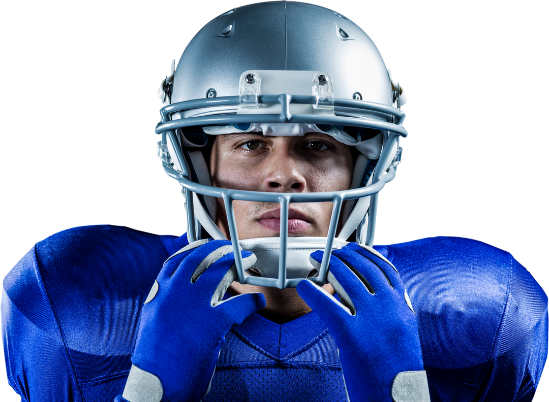 Serious American Football Player Holding Helmet and Wearing Blue Uniform with Transparent Background - Download Free Stock Images Pikwizard.com