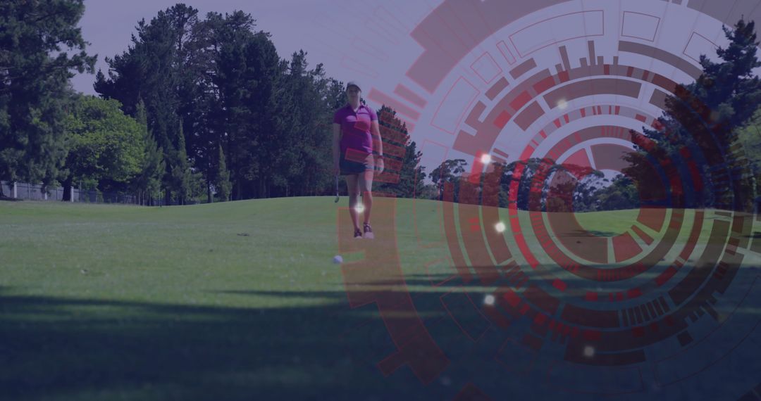 Female Golfer Walking Fairway with Futuristic HUD Display