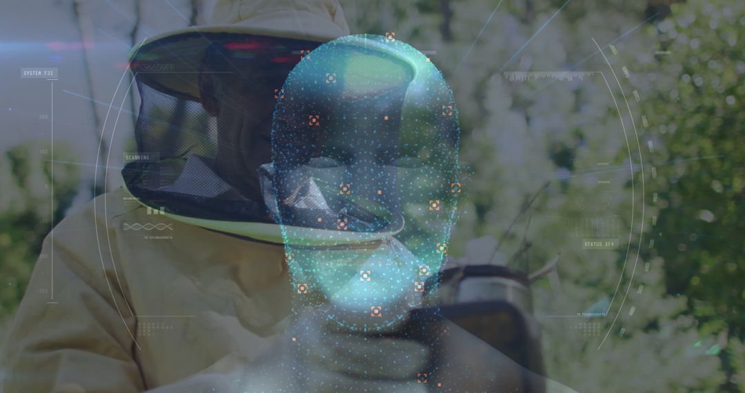 Beekeeper Analyzing Hive with Futuristic AR Hologram Interface