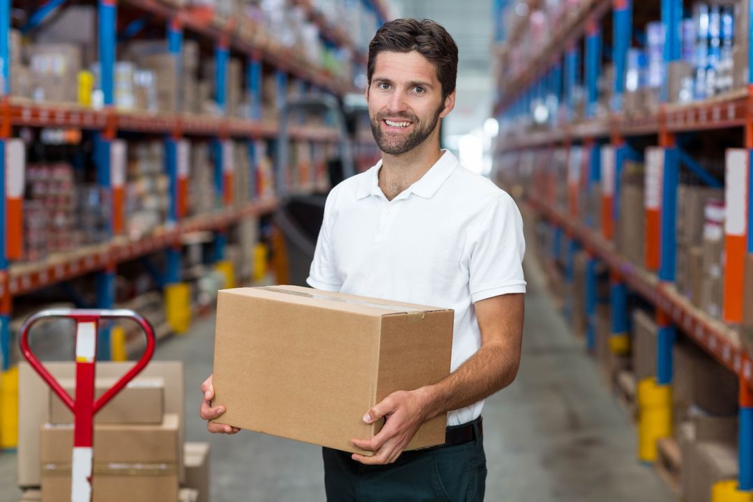 Warehouse Worker Holding Cardboard Box in Industrial Storage Aisle