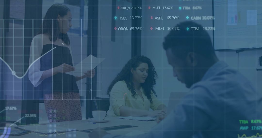 Colleagues Discussing Data Insights with Digital Overlay at Office