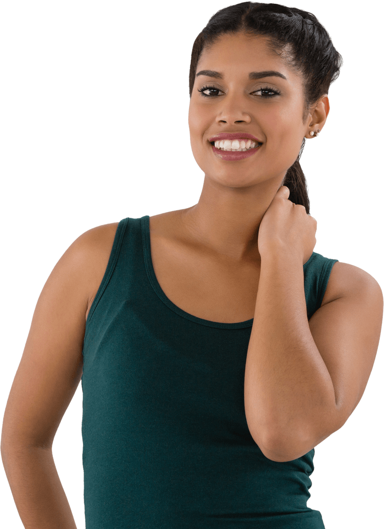 Cheerful Woman Smiling with Hand on Neck Isolated Transparent