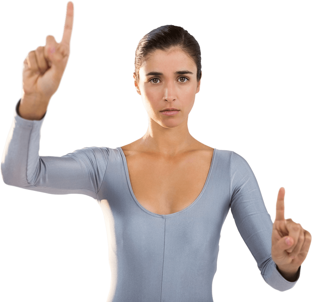 Confident Woman in Gray Bodysuit Gesturing on Transparent Background