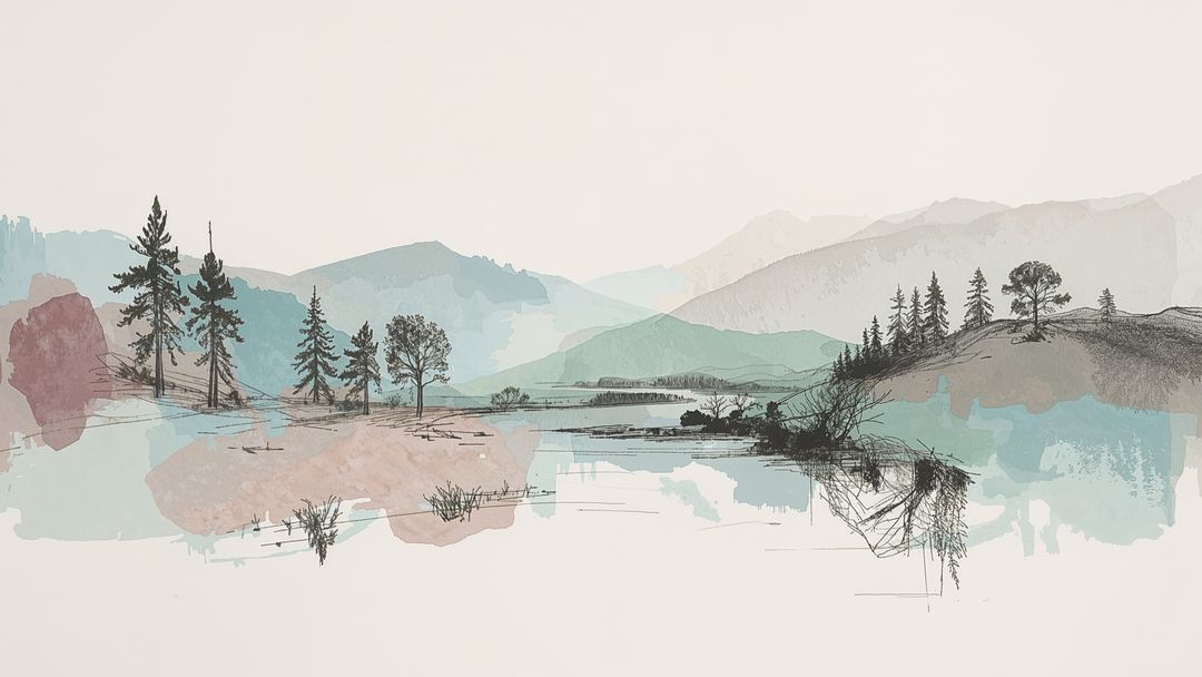 Watercolor lakeside landscape with misty ridges and reflections