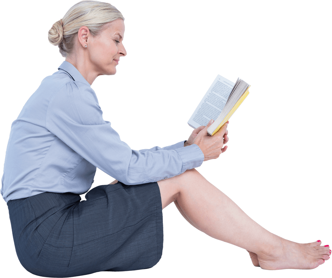 Transparent Businesswoman Reading Book While Sitting Relaxed