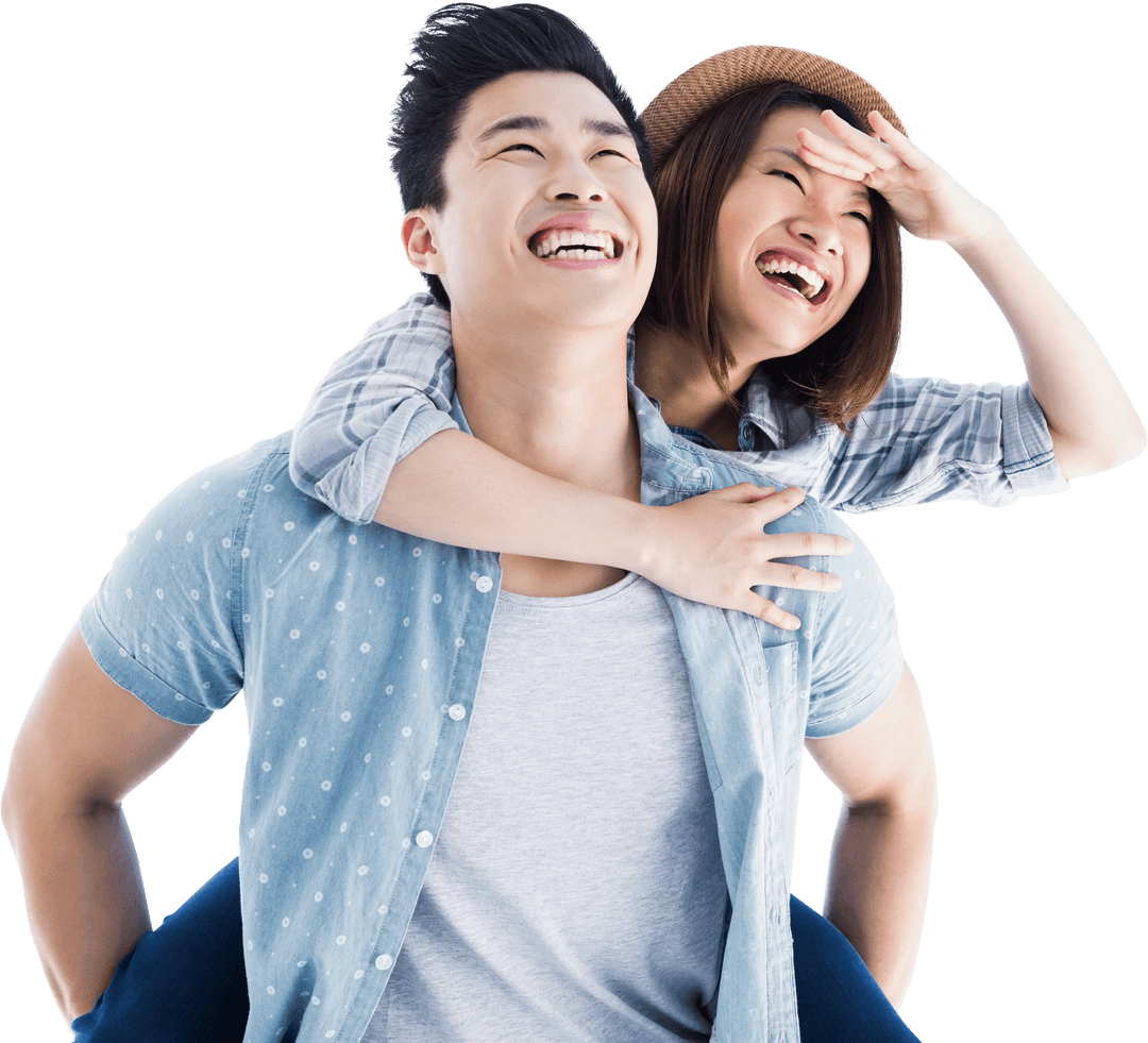 Cheerful Couple Enjoying Playful Piggyback Ride on Transparent Background