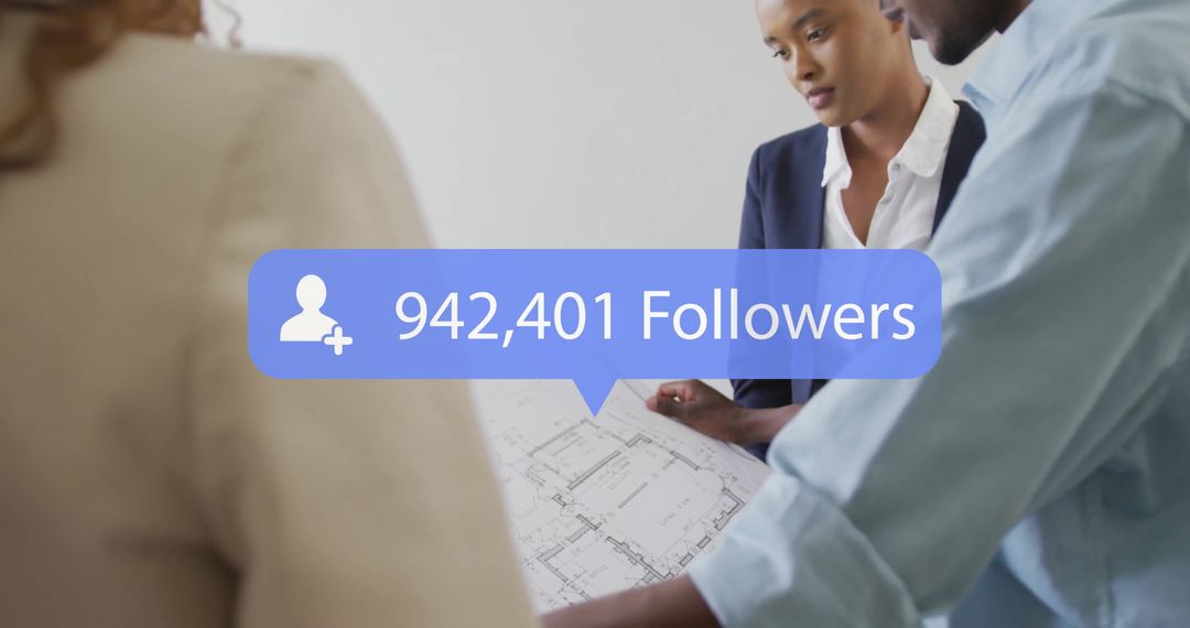 Business Team Analyzing Architectural Plans with Social Media Integration