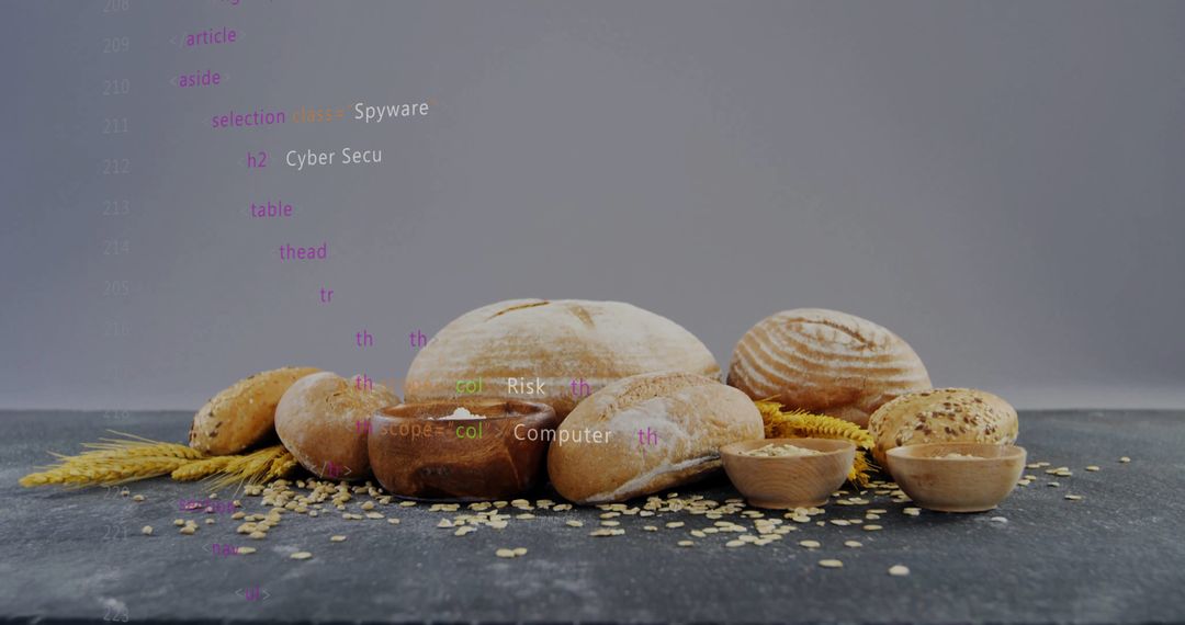 Artisan Breads with Digital Code Overlay Symbolizing E-commerce