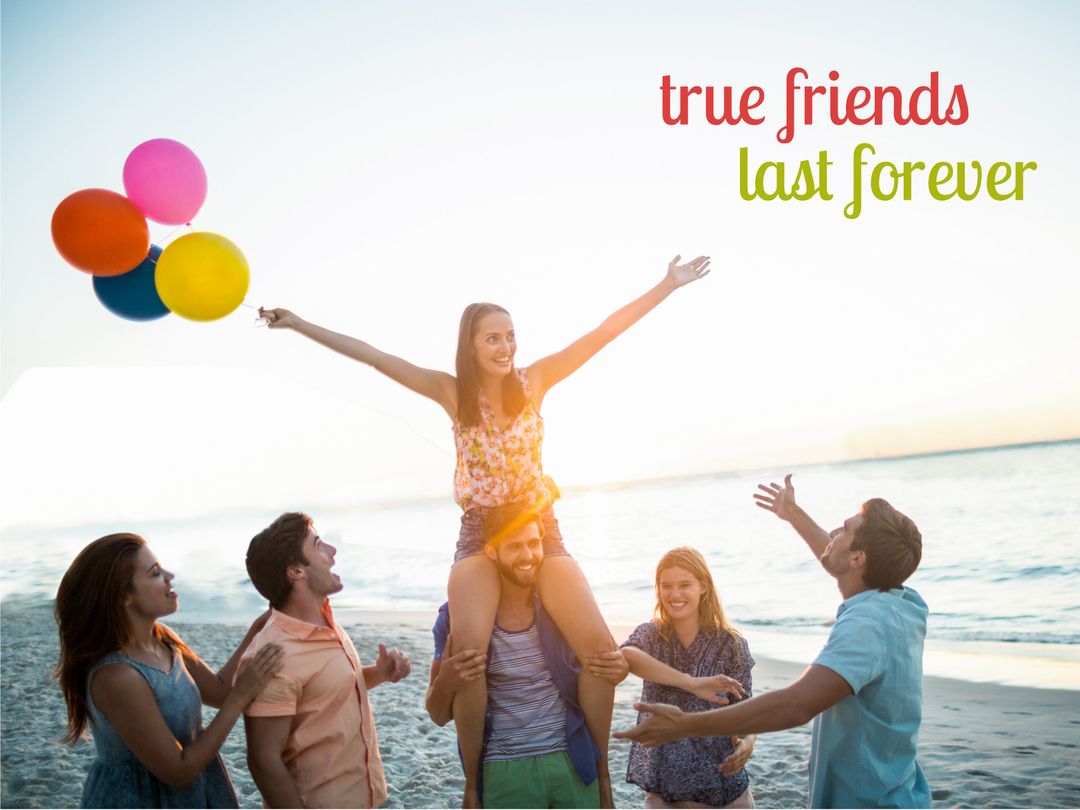 Joyful Friendship Celebration on Beach with Colorful Balloons - Download Free Stock Templates Pikwizard.com