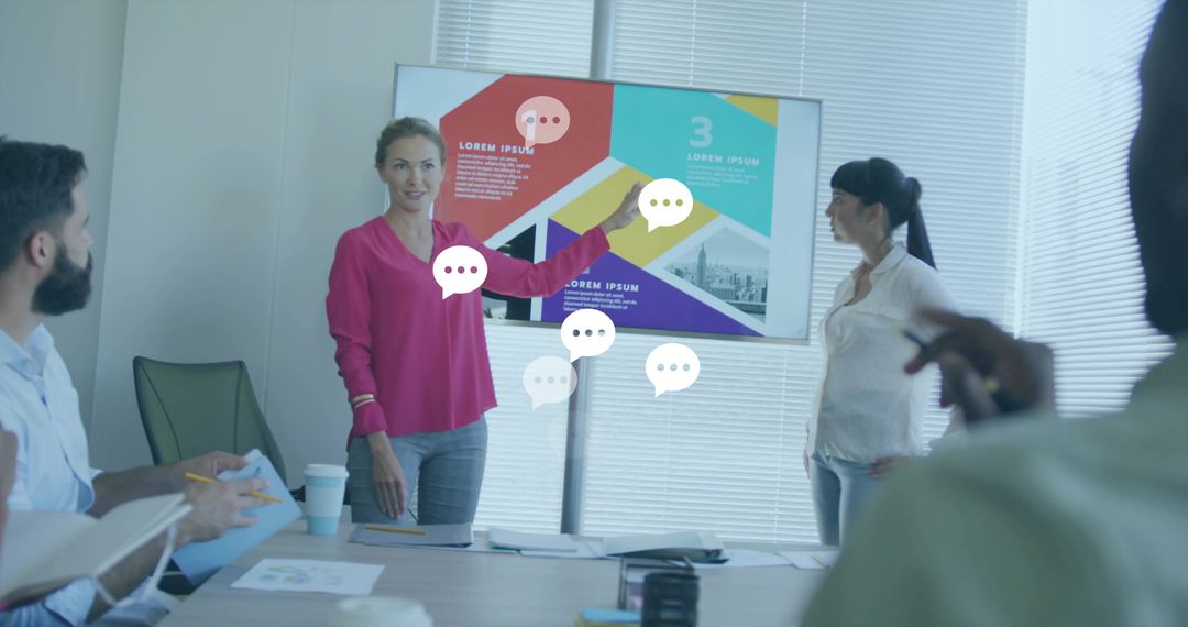 Professional Team Discusses Infographic in High-Tech Boardroom