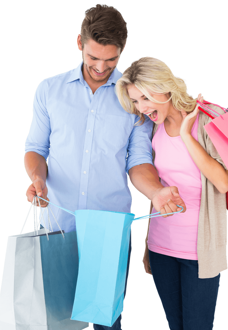 Joyful Couple Unpacking Shopping Bags Isolated Transparent Background