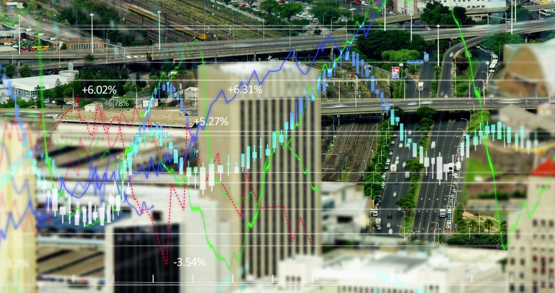 Financial Data Projections Overlay Urban Cityscape