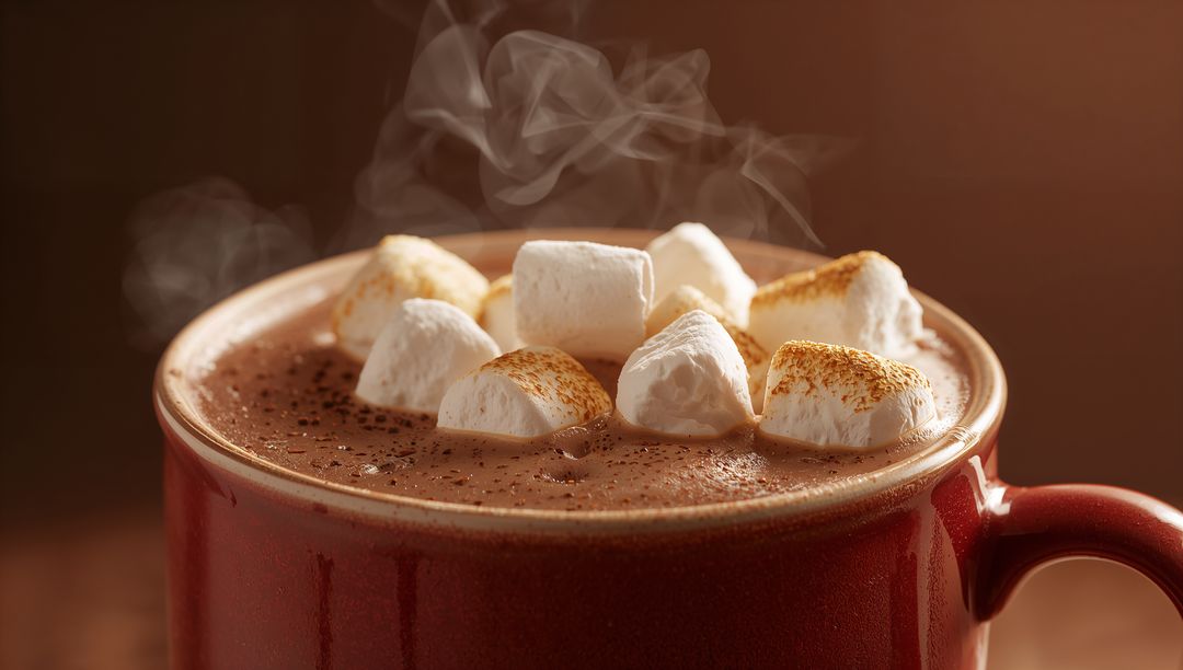 Steaming Hot Chocolate Topped with Toasted Marshmallows in Red Mug