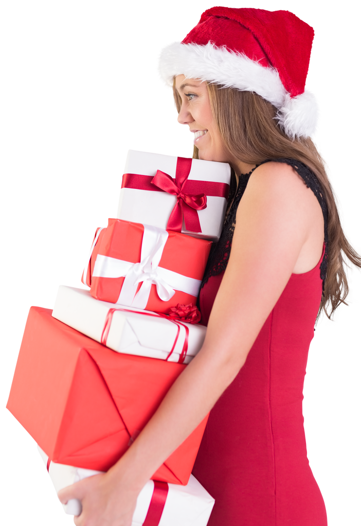 Festive Woman in Red Dress Holding Wrapped Holiday Gifts Transparent - Download Free Stock Images Pikwizard.com