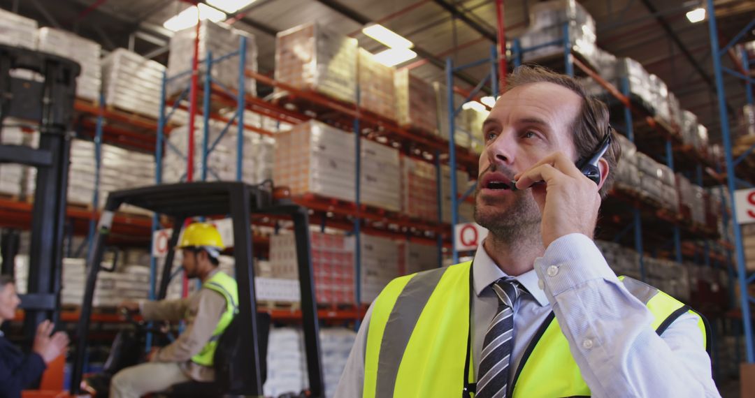 Warehouse Manager Communicating via Headset in Large Inventory Facility - Free Images, Stock Photos and Pictures on Pikwizard.com