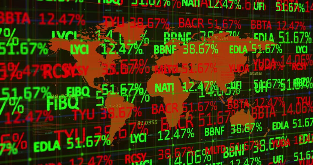 World Map with Scrolling Stock Ticker Data Visualization Graphic