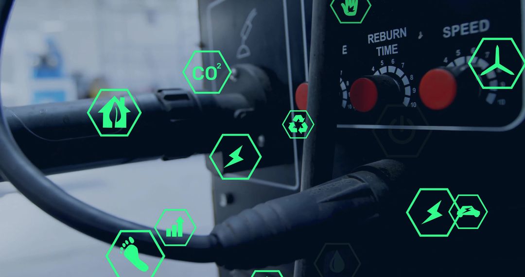 Monitoring industrial control panel displaying connectors, cables and neon energy icons