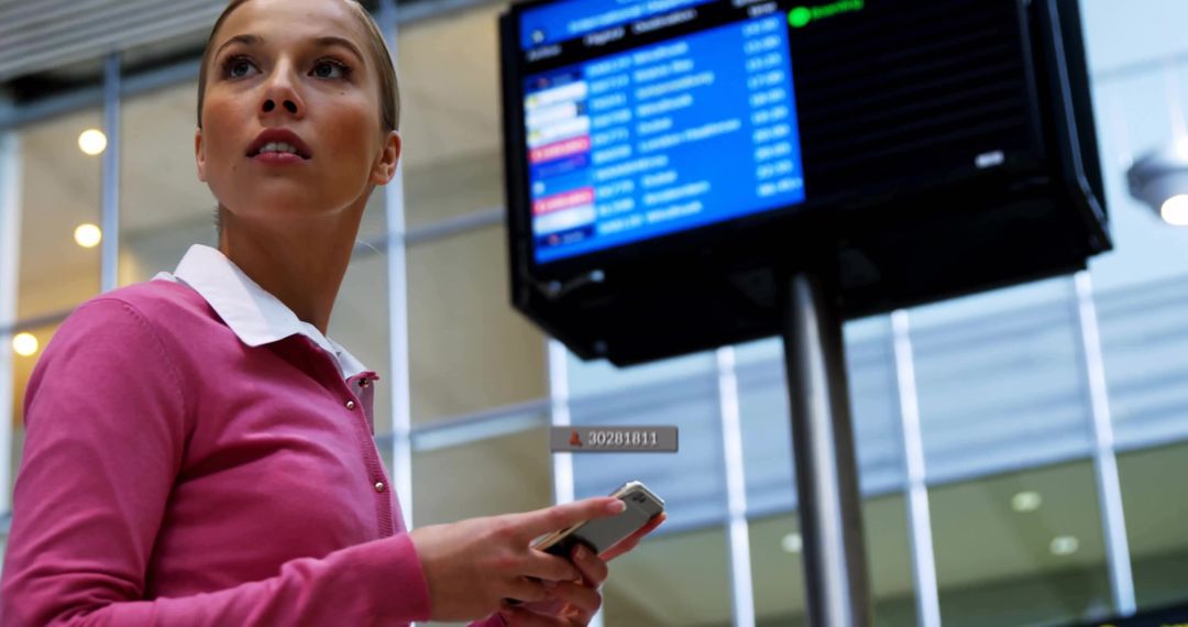 Young Woman Checking Flight Status on Smartphone at Modern Airport Terminal Display