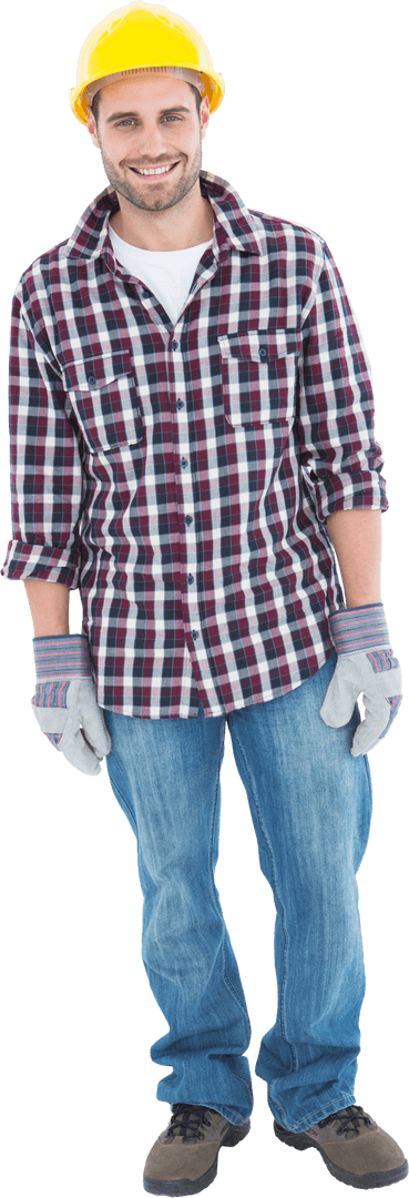Smiling Male Repairman in Casual Attire Wearing Transparent Hard Hat