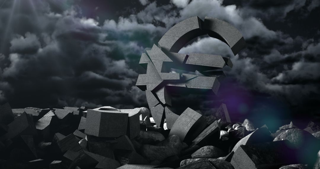 Crumbled Concrete Euro Symbol in Dramatic Dark Sky - Free Images, Stock Photos and Pictures on Pikwizard.com