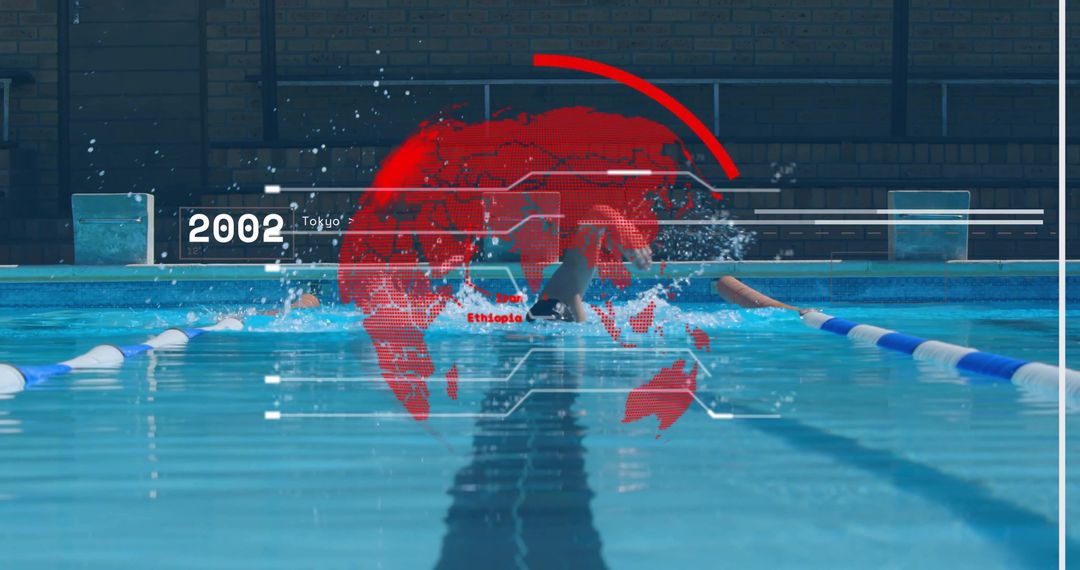 Swimming Athlete in Lap Pool with Digital Data Overlay