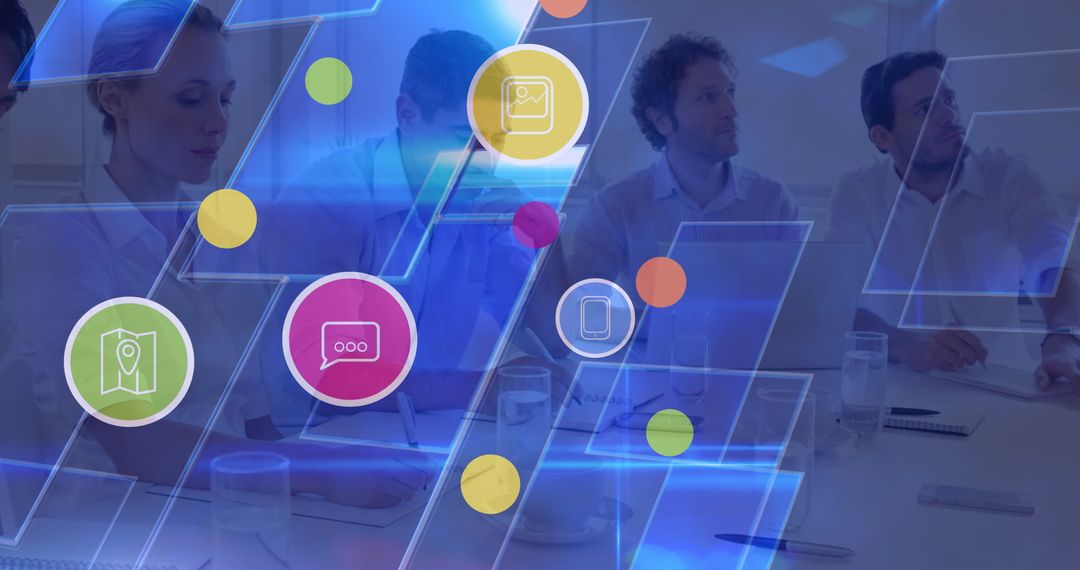 Diverse Team Collaborating with Digital Interface Overlays