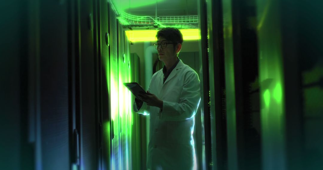 Engineer Using Tablet in Green-Lit Server Room