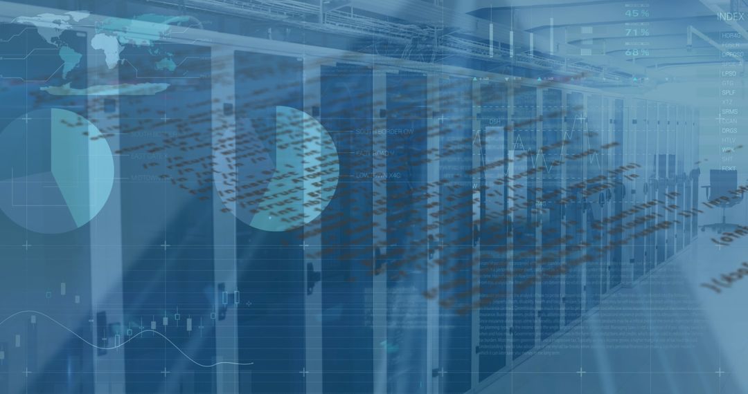 Digital Data Streams in High-Tech Server Room with Analytics Overlay