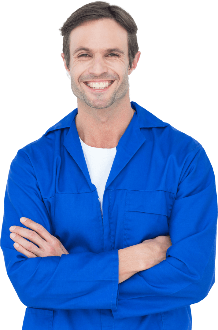 Confident Male Mechanic Smiling in Blue Uniform with Transparent Background
