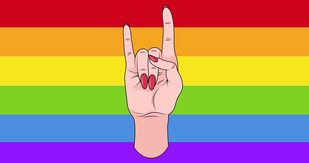 Hand Making Rock Sign Against Rainbow Background