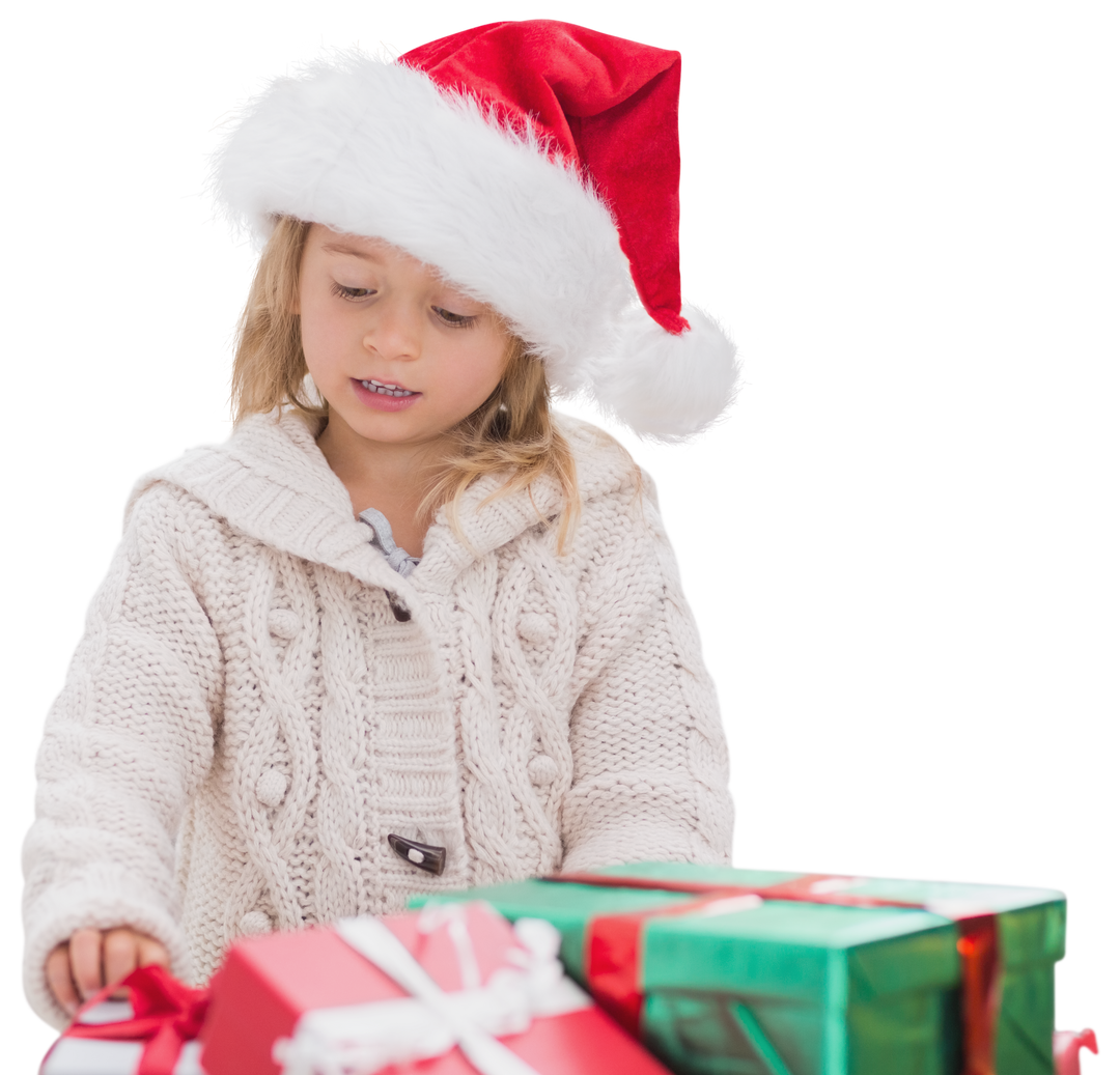 Caucasian Girl with Christmas Hat Unwrapping Presents on Transparent Background - Download Free Stock Images Pikwizard.com