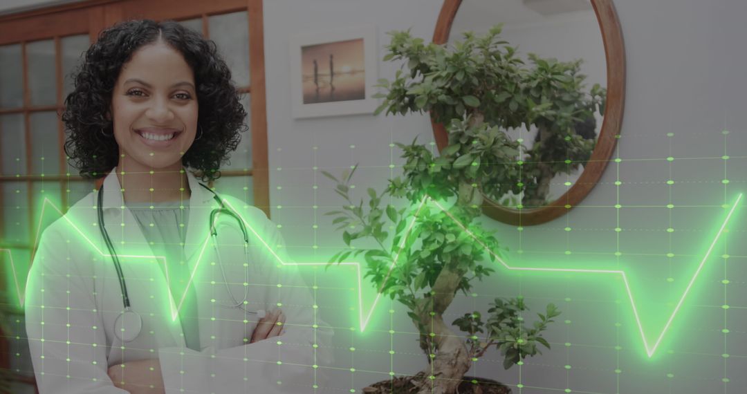 Smiling Female Doctor Behind Cardiograph Display with Stethoscope