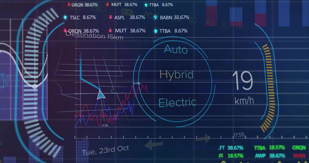 Futuristic vehicle HUD displaying Auto Hybrid Electric mode selector with speed gauge