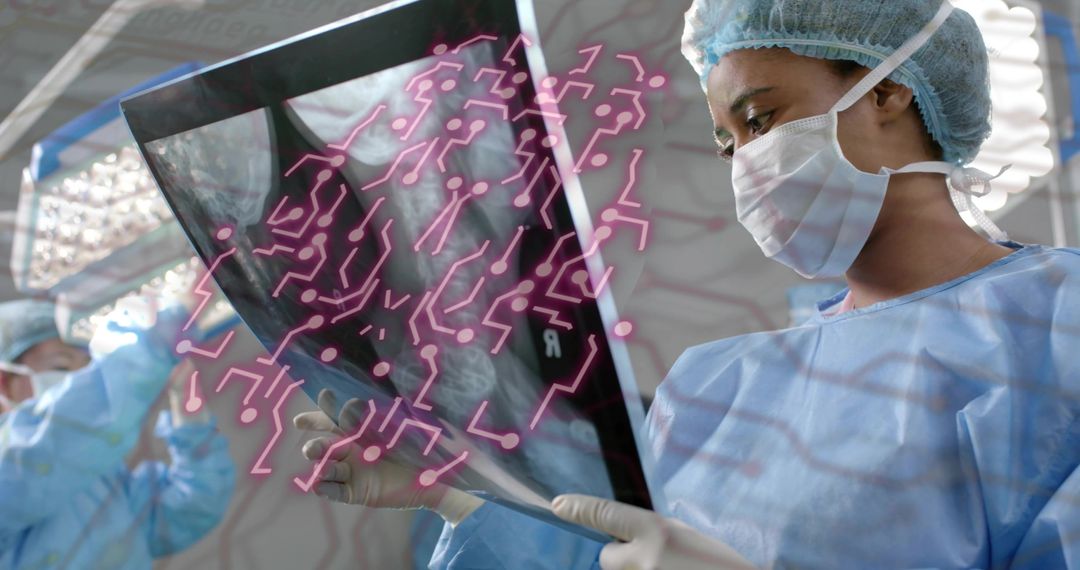 Surgeon Analyzing X-Ray with Digital Circuit Interface in Operating Room