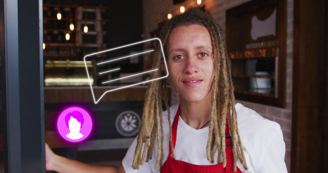 Smiling Cafe Worker with Digital Tablet in Cozy Cafe