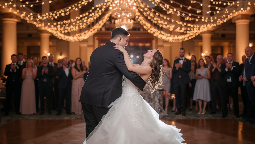 Bride and Groom Sharing First Dance Under Romantic String Lights