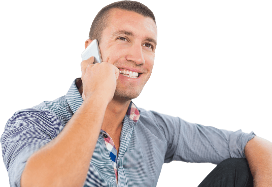 Smiling Businessman on Phone with Visionary Outlook in Transparent Background