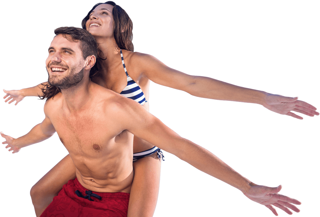 Smiling Couple Embracing Joyful Piggyback Ride on Transparent Background