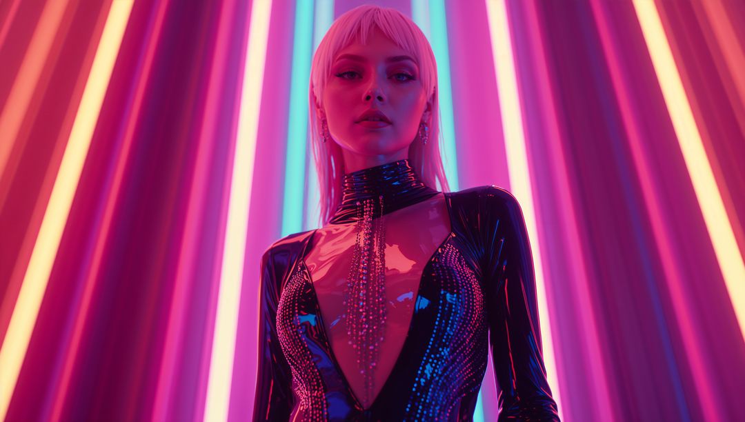 Futuristic Elegance: Model in Vinyl with Neon Background