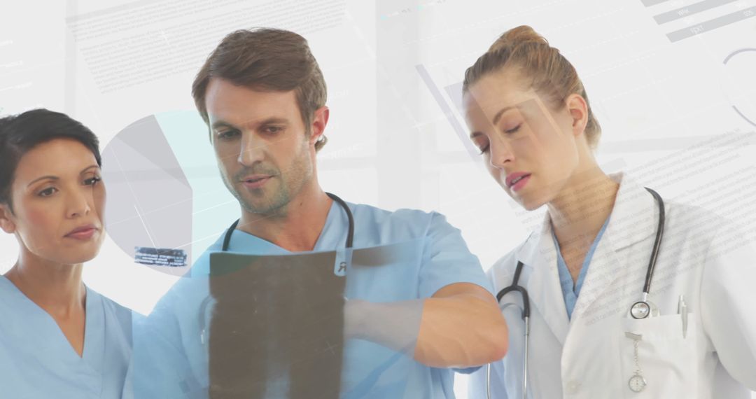 Medical Professionals Analyzing Patient Chart with Digital Interface Overlay