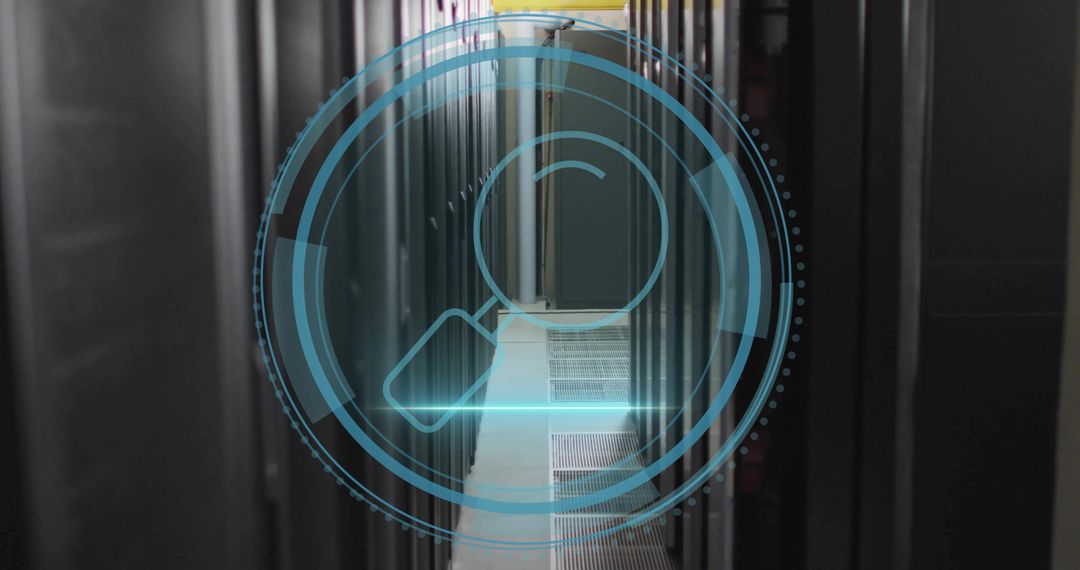 Innovative HUD Display in Data Center with Magnifying Glass Icon