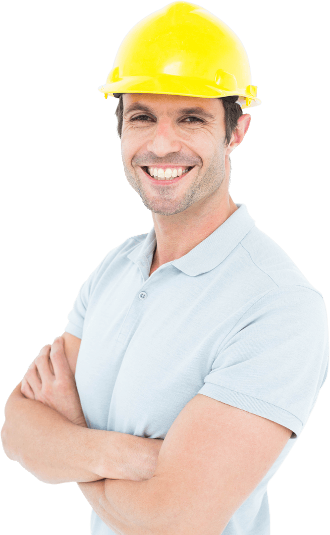 Transparent Cheerful Architect in Yellow Hard Hat