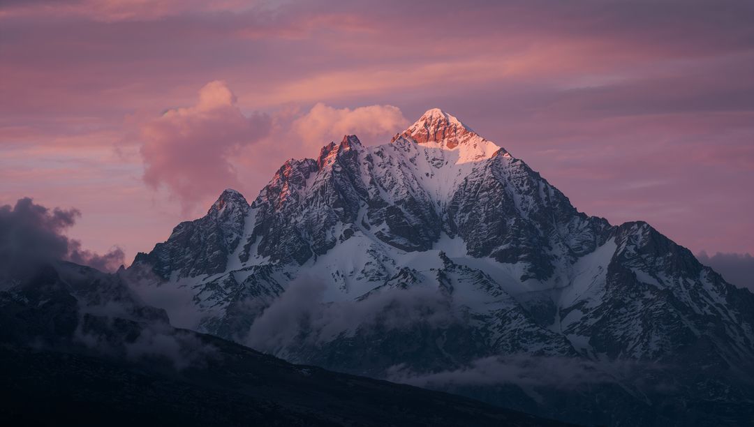 Majestic Snowy Mountain Peak at Dawn with Glowing Sky