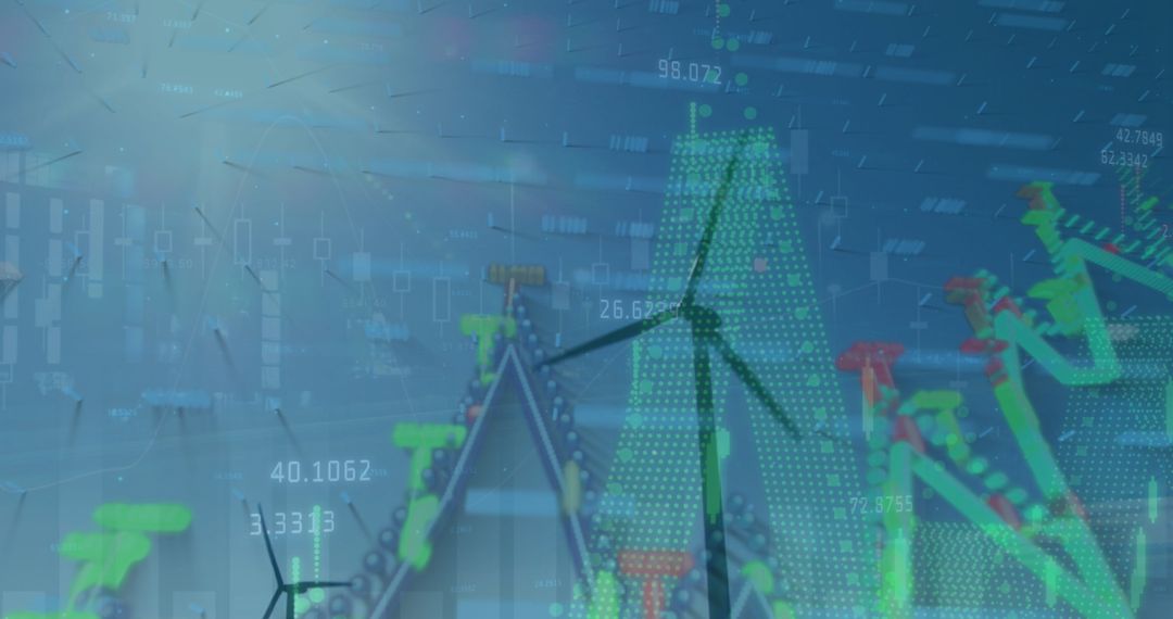 Wind Turbines Amidst Digital Graphs Signifying Renewable Energy Trends
